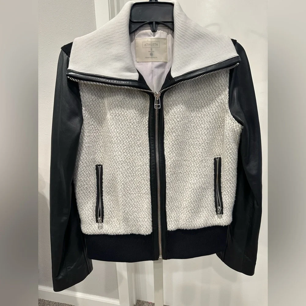 ATHLETA Bouclé Leather Bomber Jacket Black White Zip Cropped Jacket Small